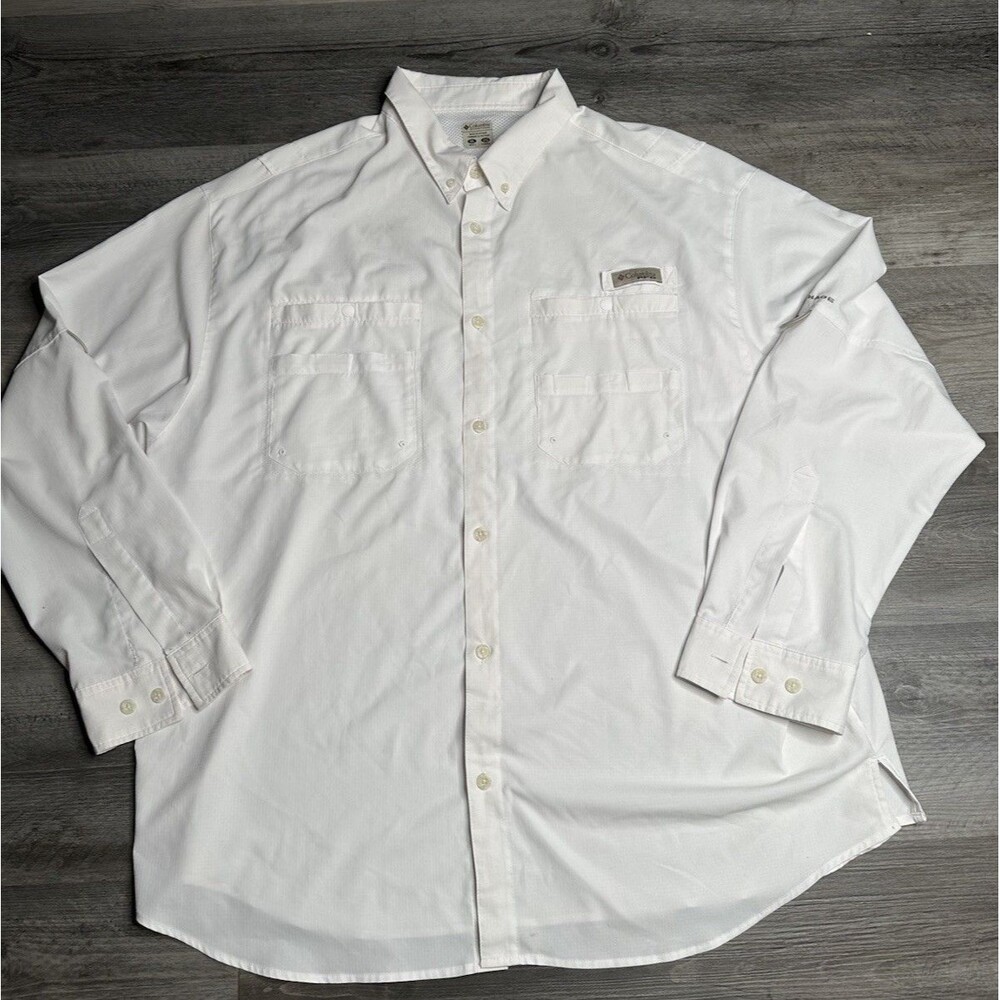 Columbia Mens PFG Fishing Shirt XXL Long Sleeve Vents Omni Shade White Button Up